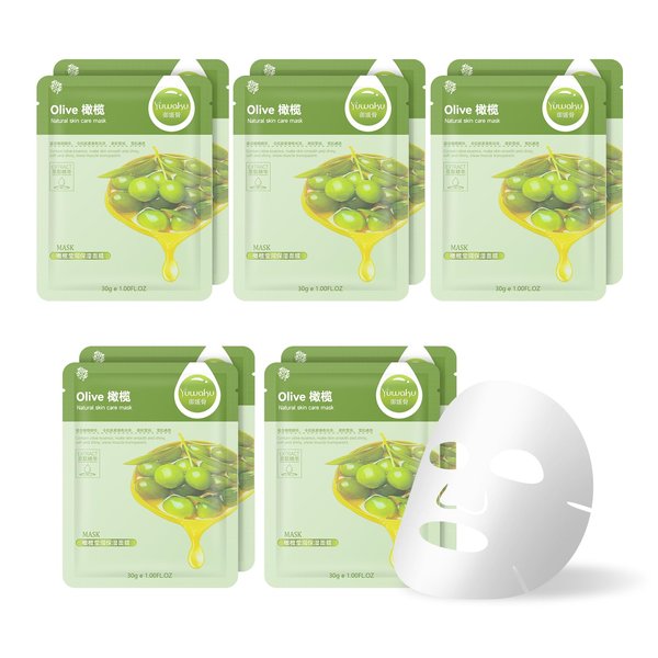 Daxstar Skin Care Face Mask, 10 Pieces of Aloe Vera Mask，Korean Plant Ingredient Hydrating Skincare (Olives)