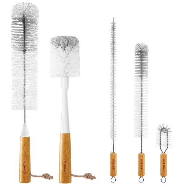 SUBEKYU 5 Pack Bottle Brush Set, Long Handle Bottle Brush Cleaner, Water Bottle Brush for Washing Baby Bottles, Narrow Neck Beer Bottles, Straws, Kettles, Bottle Cap Slits, Gray+White