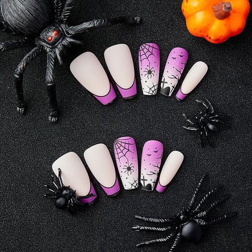 Halloween Press on Nails Medium Square Halloween Fake Nails Purple False Nails Spider Web and Spider Pattern French Tip Nails for Women and Girls 24 Pcs