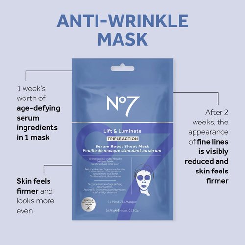 No7 Lift & Luminate Triple Action Serum Boost Sheet Mask - Radiant Skin Firming Anti Aging Face Mask with Hyaluronic Acid & Hibiscus - Vitamin C Brightening & Hydrating Sheet Mask
