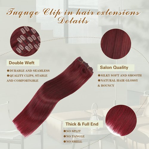 Clip in Hair Extensions Real Human Hair 20 Inch Wine Red 99J Seamless Clip in Hair Extensions Burgundy Human Hair 120g Full Head Silky Straight Long 7Pcs Human Hair Clip in Extensions for Black Women