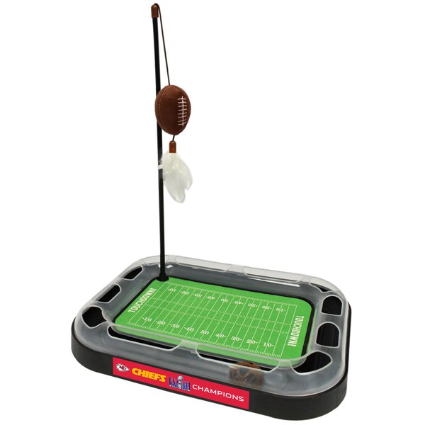 Pets First NFL Superbowl Champion Football Field CAT Scratcher Toy with Catnip Filled Plush Football Toy & Feather Hanging, with Jingle Bell, Winning Team Logo, Cat Chasing 5-in-1 Kitty Toy,