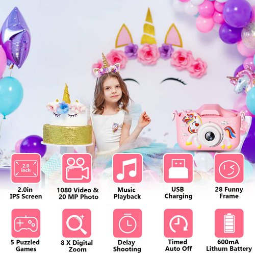 Anpty Kids Children Camera Toys for 6 7 8 9 10 11 12 Year Old Boys Girls, 32MP1080P HD Digital Camera with Video for Toddler, Kid Christmas Birthday Festival (Pink - Unicorn)