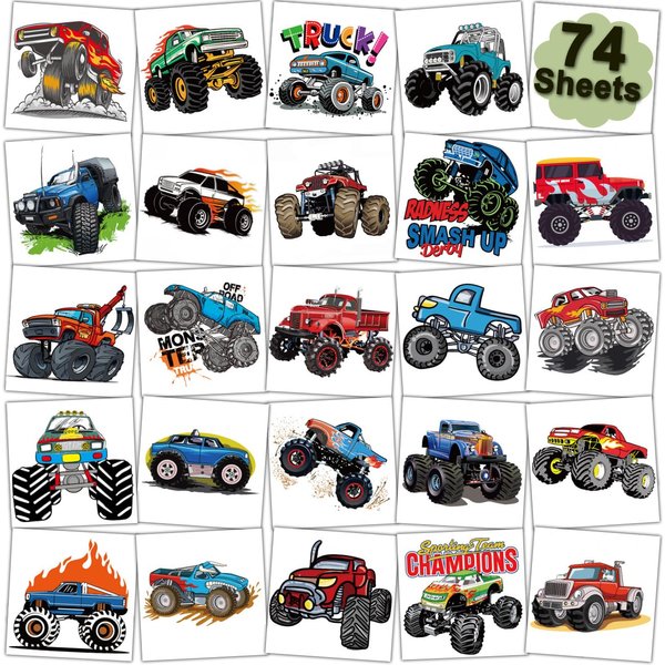 CHARLENT Monster Truck Temporary Tattoos for Kids Party Supplies - 74 Individually Sheets Monster Truck Tattoos for Boys Birthday Party Favors Goodie Bag Fillers