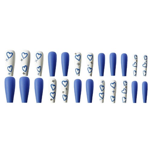 Hkanlre Blue Press on Nails Tips Coffin Long Heart Fake Nails Bling Full Cover Ballerina Graffiti False Nails for Women and Girls 24PCS