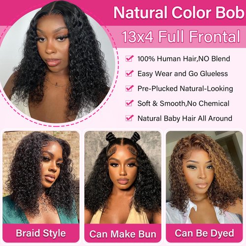 VELOMA Deep Wave Bob Wig Human Hair 13x4 Hd Lace Front Wig For Women Pre Plucked With Baby Hair 180% Density Short Curly Bob Deep Wave Lace Front Wigs Human Hair Super Soft 10inch