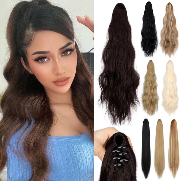 Cephermer Ponytail Extension 22'' 24'' Long Wavy Straight Claw Clip in Pony Tails Hair Extensions Natural Looking Synthetic Hairpiece for Women Chocolate Brown
