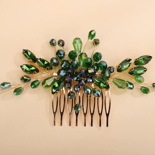 Rumtock Green Rhinestones Beads Gold Hair Comb Side Headpiece for Wedding Brides Women Girls Handmade Hair Accessories (Green)