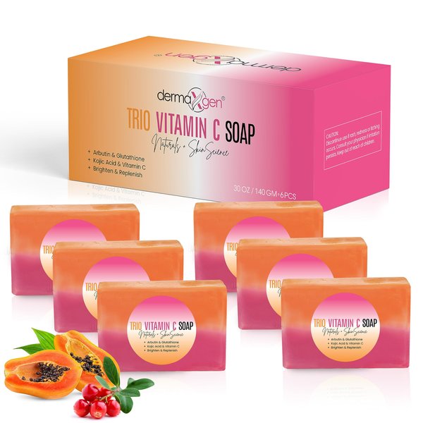 DERMAXGEN Organic Kojic acid & Vitamin C Soap Bar | Arbutin, Glutathione | Advanced Glowing formula, Replenish, & Radiant Skin | Pure Natural Pigmentation For Face & Body Cleanser - 5 OZ Each| (6)