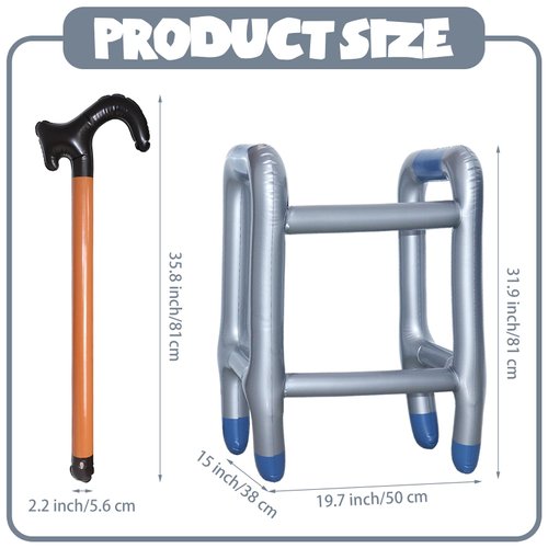 2PCS Inflatable Walker and Cane, Over The Hill Gag Gifts for Old People Birthday Decorations, Old Man Lady Costume Halloween Christmas Party Supplies (2P Walker&Cane)
