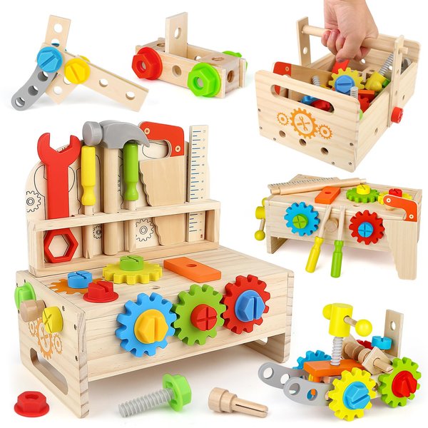 Montessori Tool Bench Set for Toddlers - Mini Wooden Work Bench for Kids, Construction Toys Wooden Tools, Educational Pretend Play Gift Building Toy Tools Set for Boys Girls