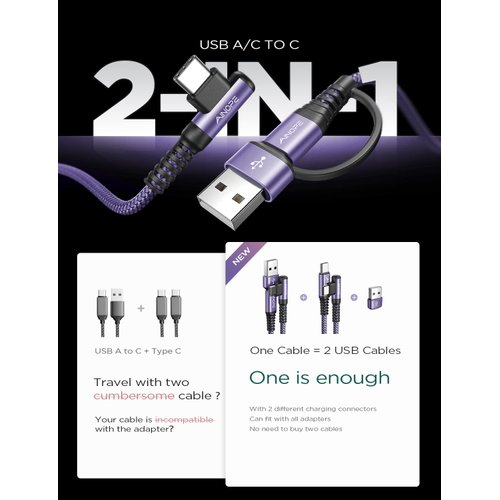 AINOPE USB C Cale for iPhone 16 Charger Cord,60W 4 in 1 Charging Cable for iPad Charger and USB C to USB C Devices,Right Angle Type C Cord Carplay Cable fit iPhone 16 Pro Series,2 Pack 6.6Ft Purple