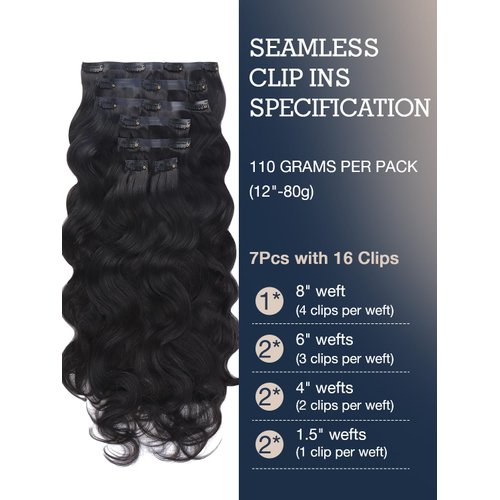Seamless Clip in Hair Extensions Human Hair,Clip ins Real Human Hair Black Women,Human Hair Clip in Extensions, Body Wave 110g 14 Inch Natural Black Ultra-thin 0.5mm PU Weft,100% Remy Hair Extensions