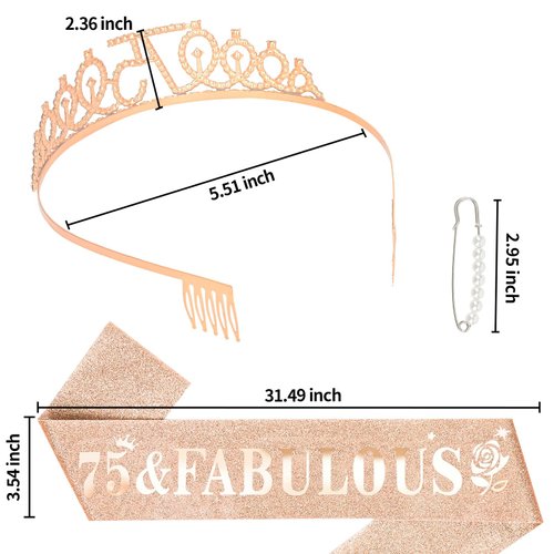 YARIEW Rose Gold Crown + 75 & Fabulous Birthday Sash + Pearl Pin Set, 75th Birthday Decorations, 75th Birthday Gifts for Women, 75th Birthday Party Favor