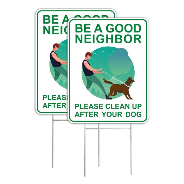 Clean Up After Your Dog Signs (2 Pack, 9 x 12") With Metal H-Stakes, Double Sided,No Dog Poop Lawn Signs,Outdoor & Sturdy