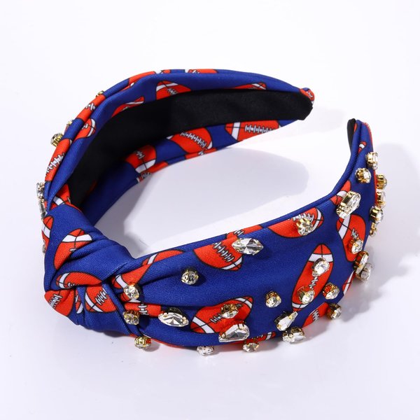 mokkia Football Headband for Women Football Mom Accessories Rhinestone Knotted Headband Jeweled Embellished Wide Top Knot Headband Game Day Sports Fan Gifts (Football Blue)