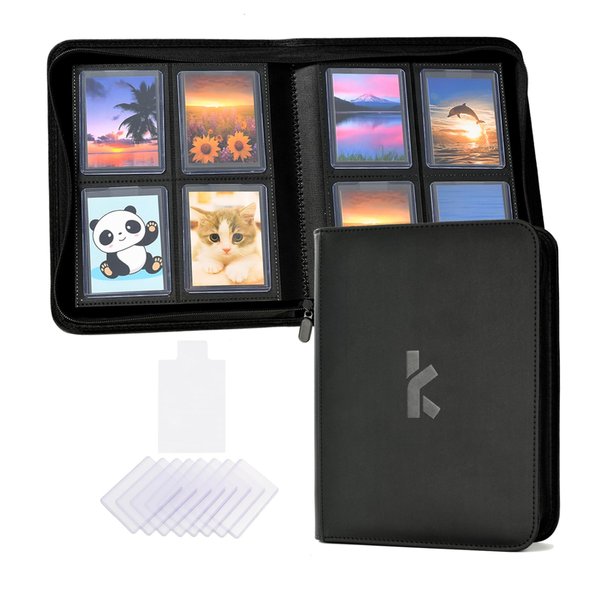 Top Loader Binder, Holds 128 Top Loaders, 4 Pocket Toploader Binders for 3" x 4" Toploaders (Include 8 Top Loaders and 50 Tabbed Card Sleeves), Compatible for TCG, MTG, Sports Cards (Black)