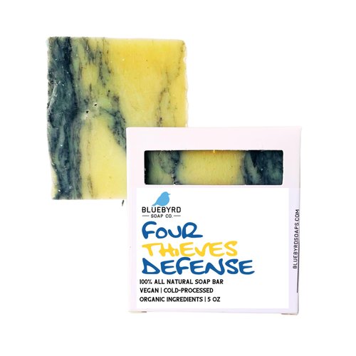 Bluebyrd Soap Co. Defender Thieves Blend Essential Oil Soap Bar 5oz | 100% All Natural Bar Soap Made with Four Thieves Essential Oil Blends | Natural Defense Soap Bar | Cleansing Thieves Defense Body Wash Bars Fragranced with 100% Essential Oils Handmade 