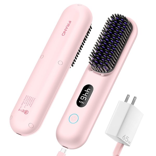 Cordless Hair Straightener Brush - Portable Straightening Brush for Travel, Mini Ionic Hot Comb Straightener for Women, Lightweight on-The-go, Fast Charger&Use While Charging