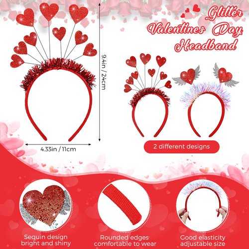 MTLEE 8 Pcs Valentines Day Red Heart Head Bopper Headband and Heart Shaped Sunglasses Transparent Candy Color Rimless Eyewear