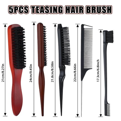 cobee 5 Pcs Slick Back Hair Brush Set, Bristle Hair Brush Edge Control Brush Teasing Comb, Wax Stick for Hair & Wig Flyaways, For Smooth Hair Parting Smooth Flyaways