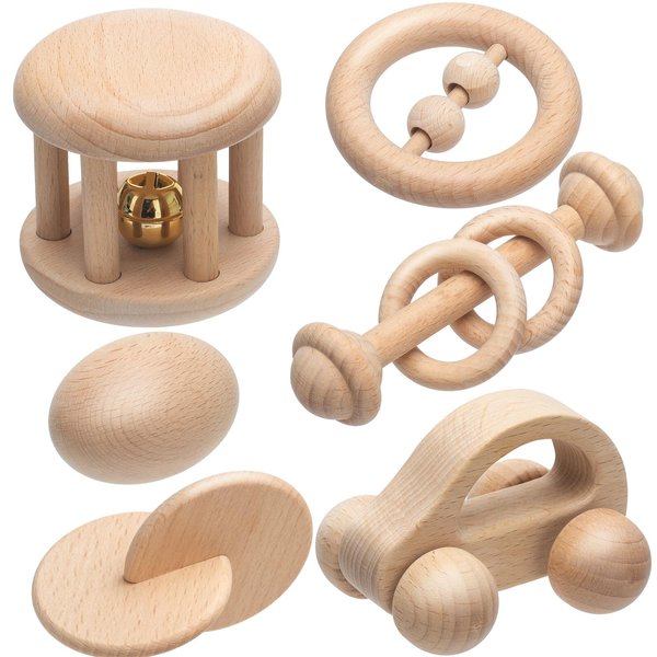 Montessori Wooden Baby Toy Set - 6 Pieces of Rattles, Push Car and Newborn Toys for Babies 6-12 Months - Wood Toys with Bells for Sensory Development and Early Learning (M2)