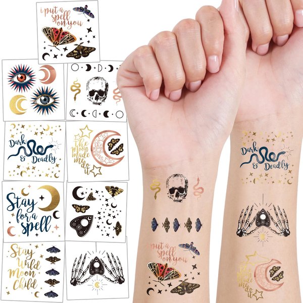 Cheerland 108pcs Rose Gold Black Boho Halloween Tattoos with Moon Phase Butterfly Skeleton Stay Wild Moon Child Cup Stickers Temporary Tattoos for Kids Birthday Party Decorations Favors
