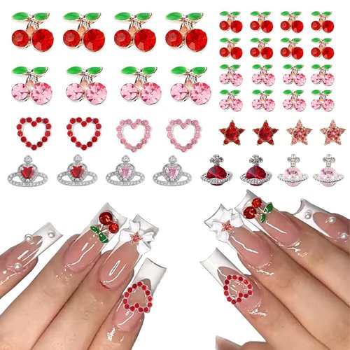 40 Pcs Nail Charms Rhinestone Red Pink Cherry Nail Art Gems Star Heart Planet Nail Jewelry Decorations Saturn Shape Acrylic Nail Accessories for Women Girl DIY Crafts Supplies