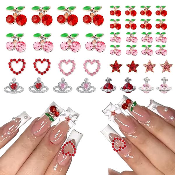 40 Pcs Nail Charms Rhinestone Red Pink Cherry Nail Art Gems Star Heart Planet Nail Jewelry Decorations Saturn Shape Acrylic Nail Accessories for Women Girl DIY Crafts Supplies