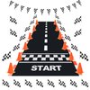 Anglekai 12+24 Traffic Cones and Racing Checkered Flags, 24 Checkered Flags with Sticks/ 12 Racing Traffic Cones/ 9.8Ft Checkered Triangle Flags/ 6.9Ft Racetrack Floor Running Mat for Race Car Party (Orange)
