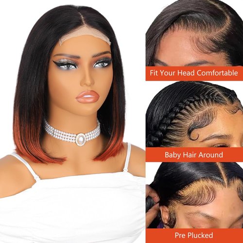 Highlight 4x4 HD Lace Front Wigs Ombre 1B/350 Black to Ginger Orange Human Hair Bob Wigs Colored Lace Closure Wigs for Women Glueless Pre Plucked 180% Density Straight Short Bob Wig 10 Inch