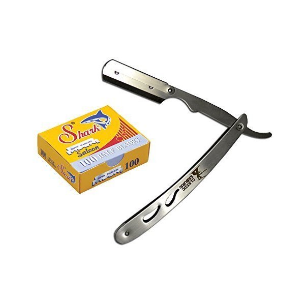 Classic Samurai CS-102 Stainless Steel Professional Barber Straight Edge Razor with 100 Count Shark Single Edge Razor Blades