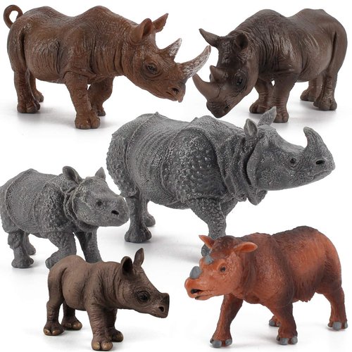6 PCS Rhinoceros Wild Animal Model Figures Dicerorhinus Sumatrensis Figurines Family Party Favors Supplies Cake Toppers Decoration Set Toys for 5 6 7 8 Years Old Boys Girls Kid Toddlers