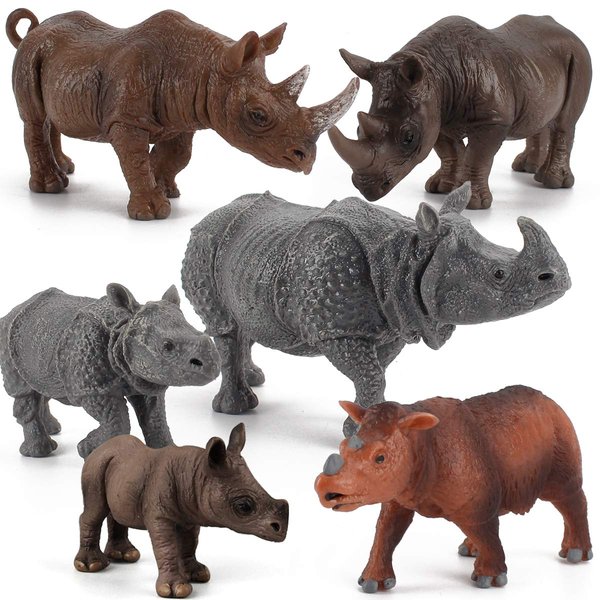 6 PCS Rhinoceros Wild Animal Model Figures Dicerorhinus Sumatrensis Figurines Family Party Favors Supplies Cake Toppers Decoration Set Toys for 5 6 7 8 Years Old Boys Girls Kid Toddlers