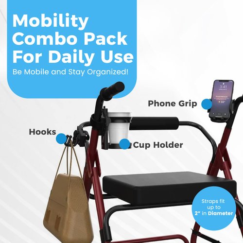 Mobility Combo Pack, Hook, Phone and Cup Holder for Walker, Portable Beverage Holder for Wheelchair and Strollers, Easy Install Wheelchair Phone Holder with Stretch Strap That Fits up to 2” Diameter