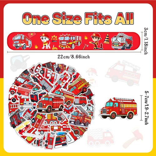 YYMYMGJ 86PCS Fire Truck Party Favors 36PCS Fire Truck Slap Bracelets 50PCS Kids Fire Truck Stickers Firefighter Snap Bracelet for Kids Fire Truck Birthday Decorations Classroom Rewards Prizes