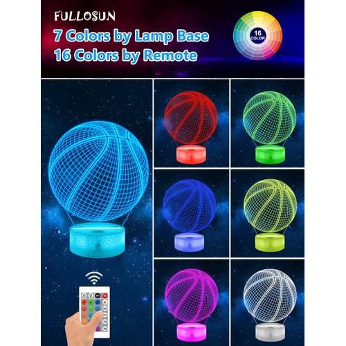 FULLOSUN Basketball 3D Night Light Birthday Gift Lamp, Light Up Basketball Gifts 3D Illusion Lamp with Remote Control 16 Colors Changing Sport Fan Room Decoration Boy Kids Room Idea