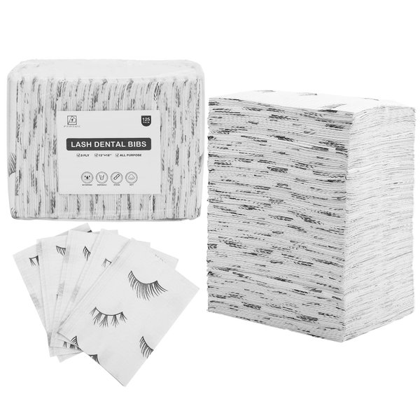 PRASNE Lashing Dental Bibs Disposable Pack of 125, Lash Pillow Cover of Lash Supplies, White 3-Ply Paper Poly Waterproof Towels, 13” x 18”, Black Eyelash Printed