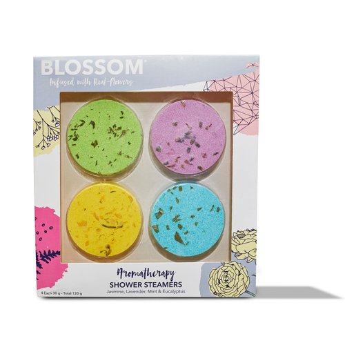 Blossom Aromatherapy Shower Steamers, Bath Bomb Tablets with Essential Oils for Stress Relief and Relaxation 4 Pack Box, Jasmine, Lavender, Mint and Eucalyptus