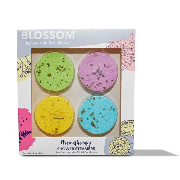 Blossom Aromatherapy Shower Steamers, Bath Bomb Tablets with Essential Oils for Stress Relief and Relaxation 4 Pack Box, Jasmine, Lavender, Mint and Eucalyptus