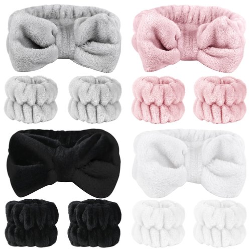 SLNZAPTY 12 PCS Face Wash Headband Wristband Set for Women Girls, Soft Microfiber Facial Spa Hair Wraps Makeup Skincare Bath Headbands Wrist Bands for Washing Face（White, Pink, Gray, Black）