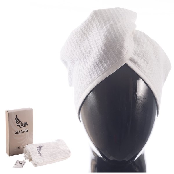 SELARUS 100% Turkish Cotton Hair Towel Wrap for Women,Non Microfiber,400-GSM(Grams per Square Metre),AntiFrizz,Hair Plop Waffle Towels for Curly,Long&Thick Hairs,Turban Head Wrap,1Pack10x26inc(White)