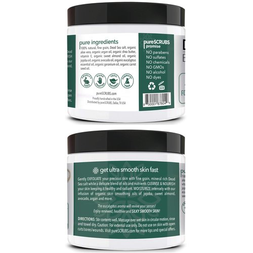 pureSCRUBS Premium Organic Body Scrub Set 16oz EUCALYPTUS BODY SCRUB Dead Sea Salt Infused with Organic Essential Oils & Nutrients INCLUDES Wooden Spoon, Loofah & Organic Exfoliating Bar Soap