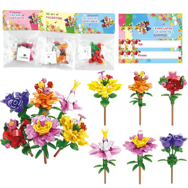 24 Packs Valentines Cards for Kids Classroom with Flowers Building Blocks Toys,Valentines Day Gifts for Kids School Valentine Party Favor,Classroom Exchange Gifts