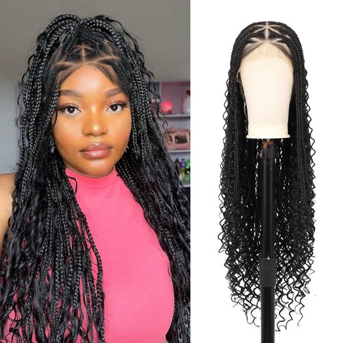 Esnccur 36" 360° Hd Full Lace Boho Braided Wigs for Women Triangle Knotless Box Braid Wig with Boho Curls Human Hair Blended Bohemian Braided Lace Front Wigs with Baby Hair Black
