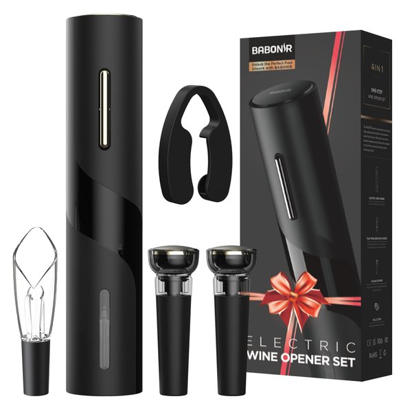 BABONIR Electric Wine Opener Set - Automatic Electronic Bottle Openers with Greeting Card, Vacuum Stoppers, Wine Aerator, and Foil Cutter, Ideal Gift for Wine Lovers, Party, and Home Entertaining