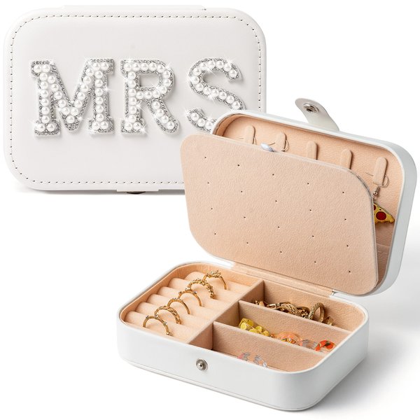 Belanttega MRS Travel Jewelry Box for Bride Travel Portable Jewelry Case Small Jewelry Organizer Travel Accessories for Women, Bridal Shower Gift Engagement Present, White