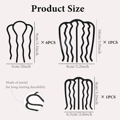 8 Pieces Black Hair Side Combs Metal Hair Fork Clip U-Shape Hair Pin Sticks Hair Pin Stick for Girls Women Vintage Hairstyle Hair Accessories(6 PCS 4 Prong, 2 PCS 7 Prong)