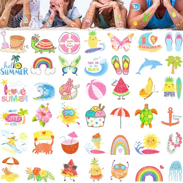 Glitter Summer Tattoos Temporary For Kids Hawaiian Luau Themed Tattoos Tropical Beach Waterproof Tattoos Stickers Pool Party Favors Decoration Supplies For Adults