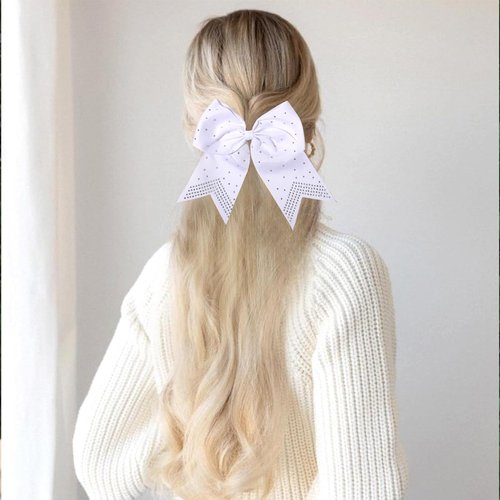 WRBAJIS Big Hair Bows Ties Ponytail Holder Bow Hair Bands Glitter Rhinestones Hair Accessories for Women Cheerleading Birthday Wedding Party Supplies 2Pcs White